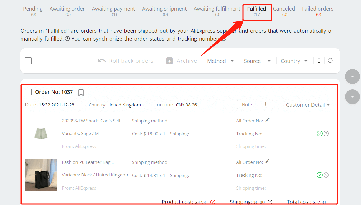 Re-order Awaiting fulfillment order - Fulfilled tab - Shopify DSers