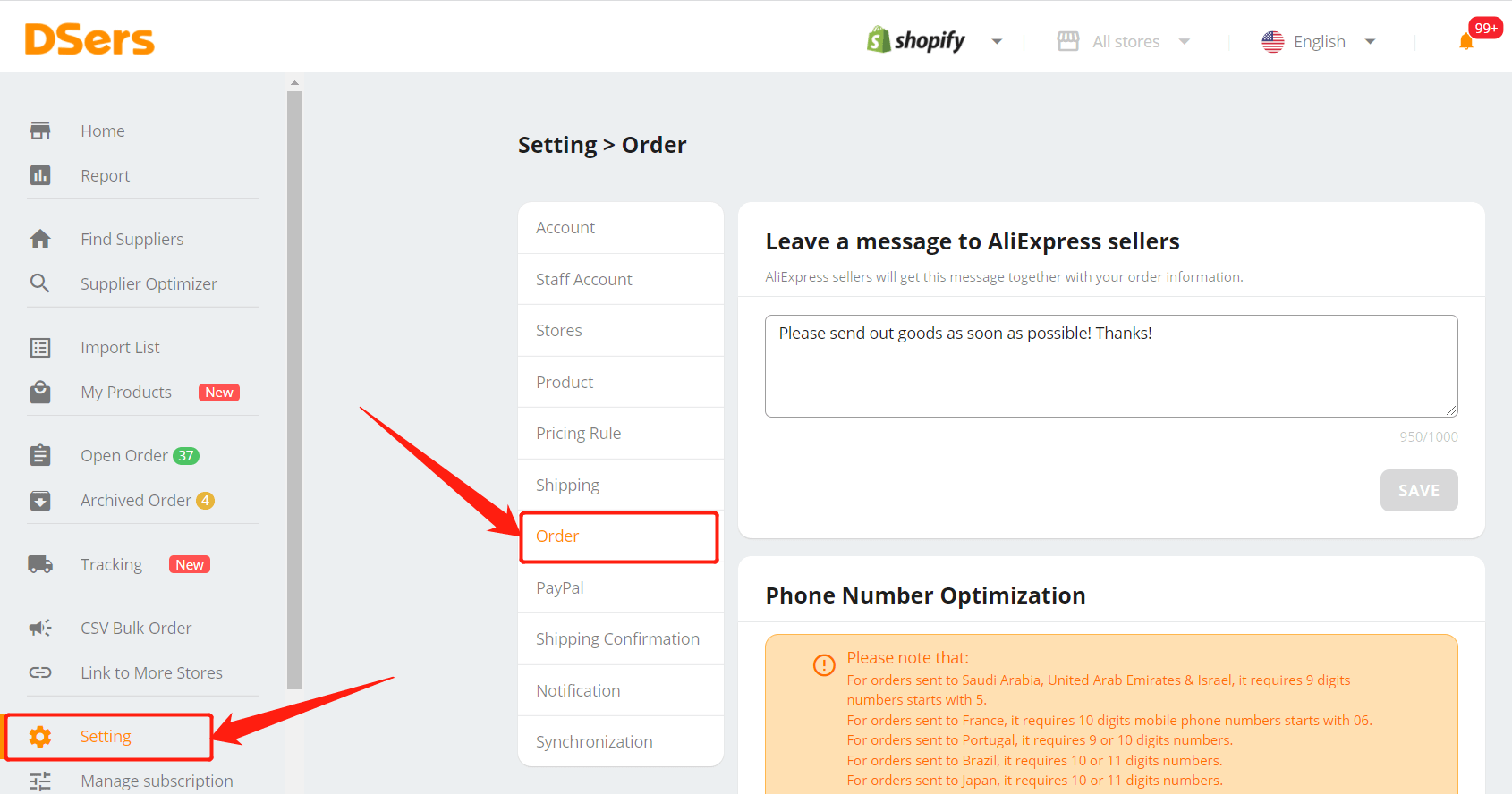 Re-order "Request Fulfillment" order - setting - Shopify DSers
