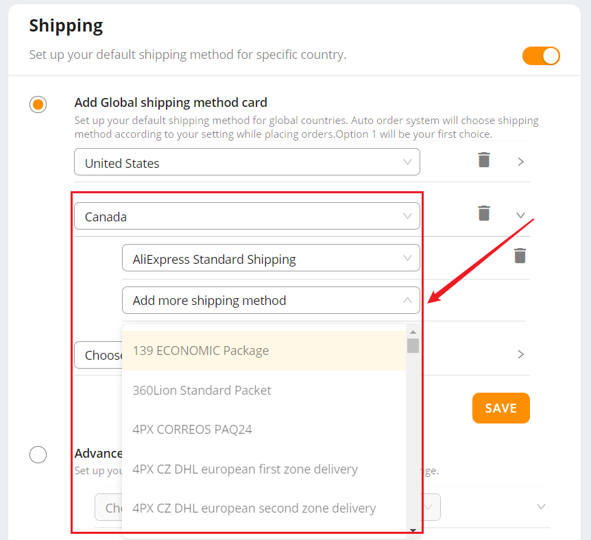 Set shipping method for all products - Select different favorite shipping methods for multiple countries