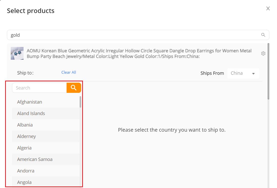 Set shipping method for specific product - Select the country of the destination - DSers