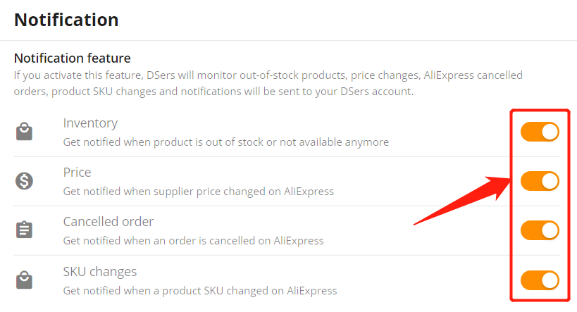 Set Notifications for Your Shopify Store - activate them by clicking the corresponding button - DSers
