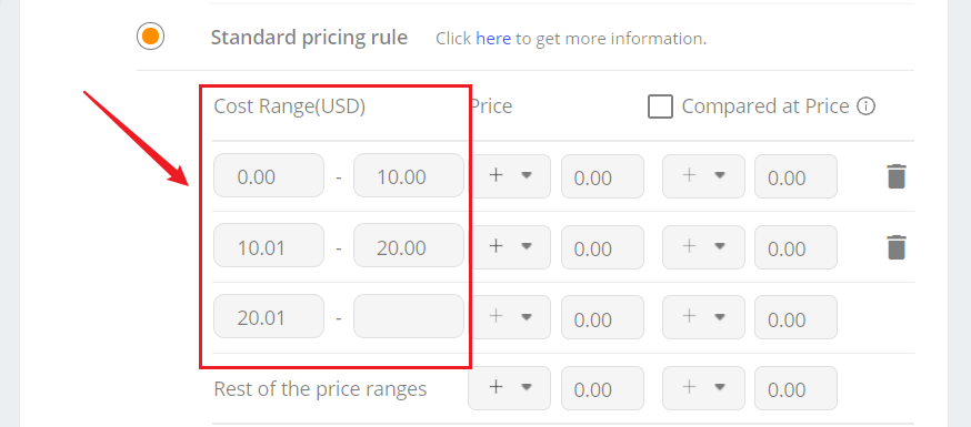 Standard Pricing Rule - Set the Cost Range - DSers