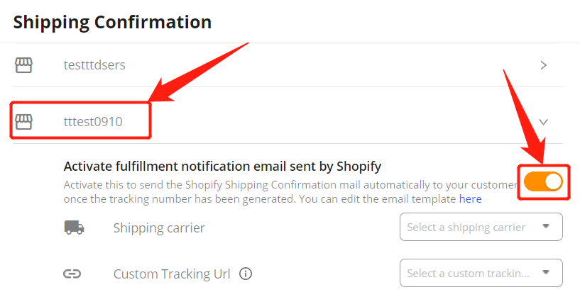 Set tracking for your orders - Choose the store you want the rule be applied to and turn on the feature - DSers