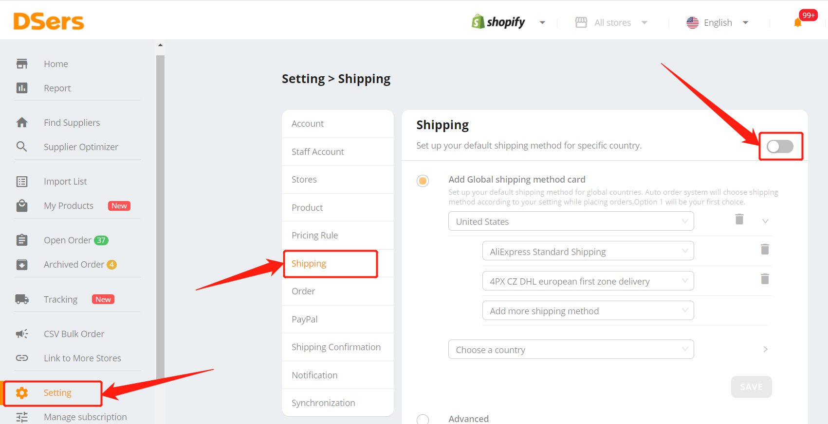 Set shipping method for all products - Setting - Shipping - DSers