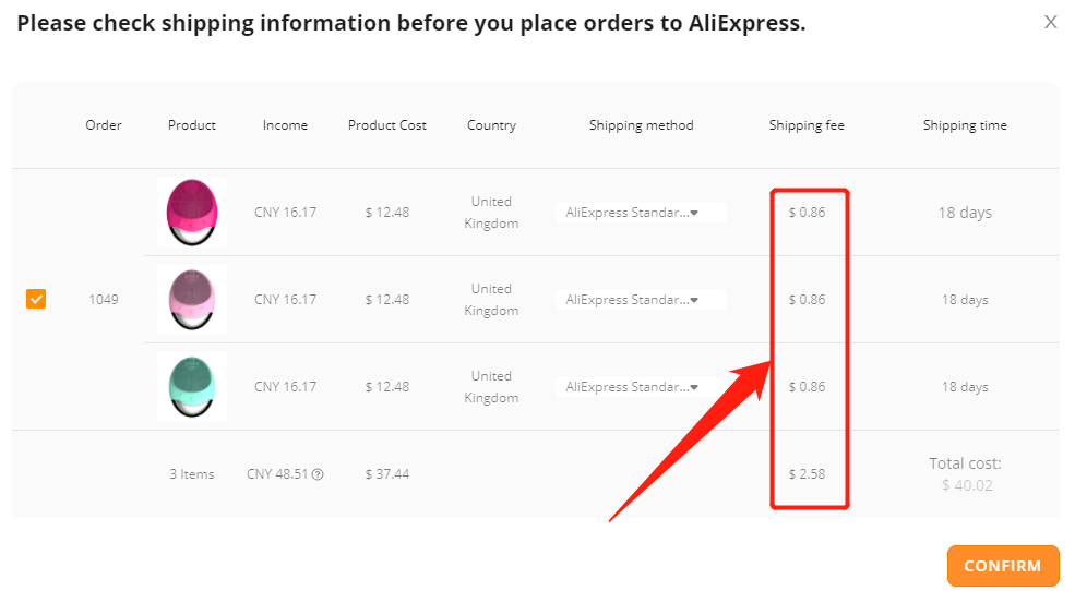 Shipping fees on DSers - the shipping cost of each variation is $4.32 so the total shipping cost on DSers appears to be $12.96 - Shopify DSers