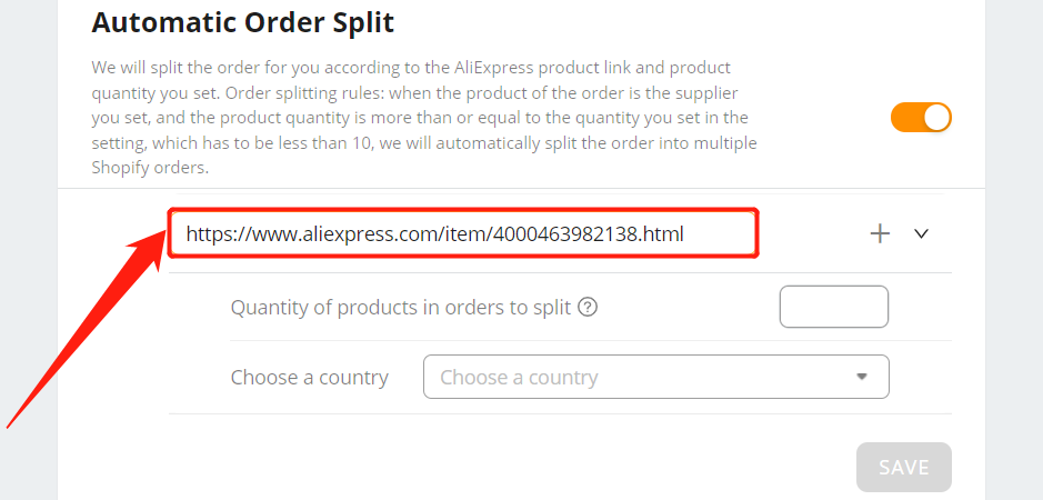 Split an order automatically - enter the AliExpress link - Shopify DSers