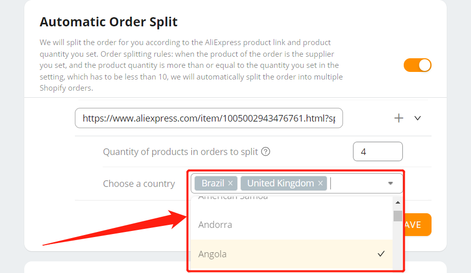 Split an order automatically - Choose the destination country - Shopify DSers