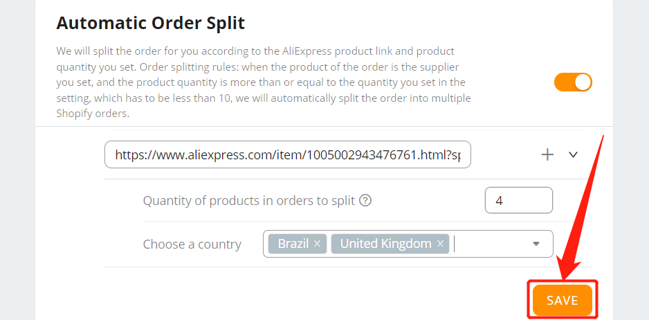 Split an order automatically - save - Shopify DSers