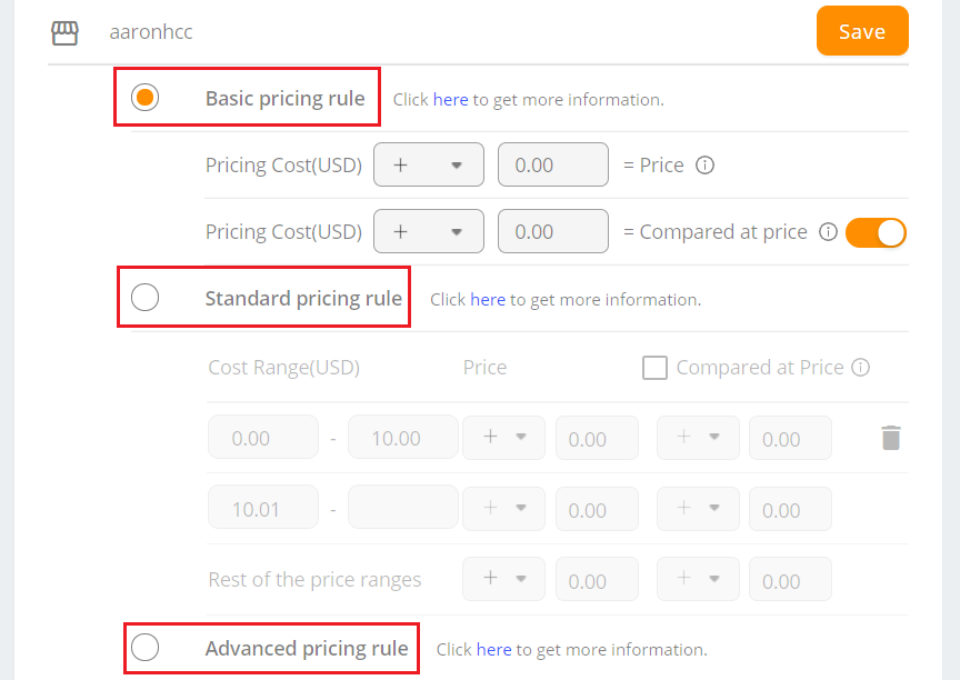 Standard Pricing Rule - Three different pricing rules - DSers