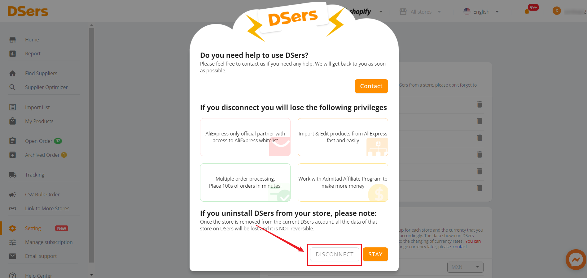 Remove a Shopify Store - confirmation pop-up - DSers