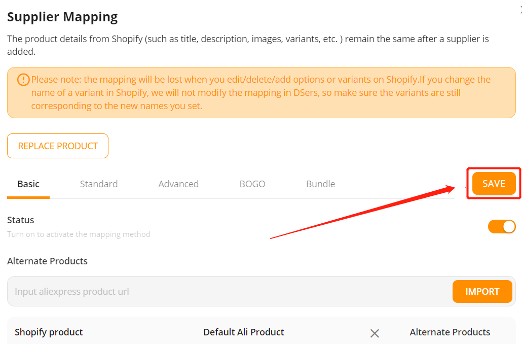 Add a variation to a product - save variant - Shopify DSers