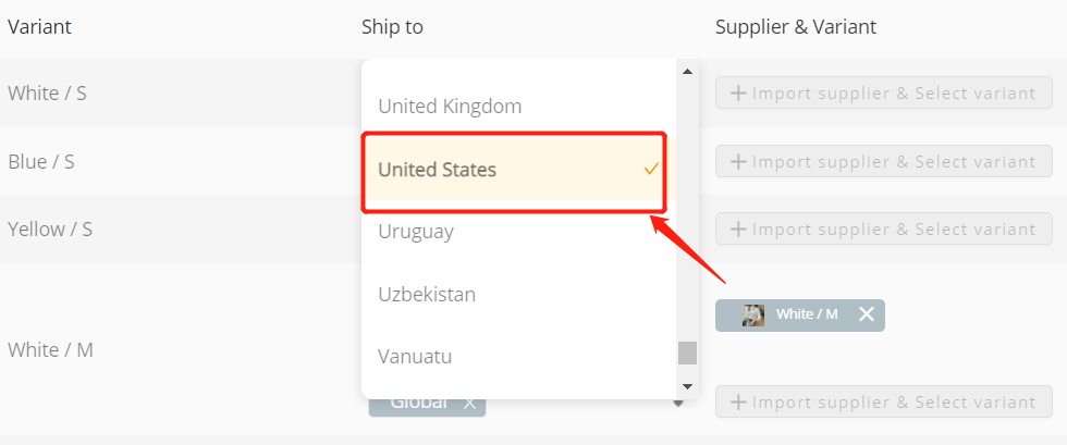 Advanced Mapping - Select United States - Shopify DSers