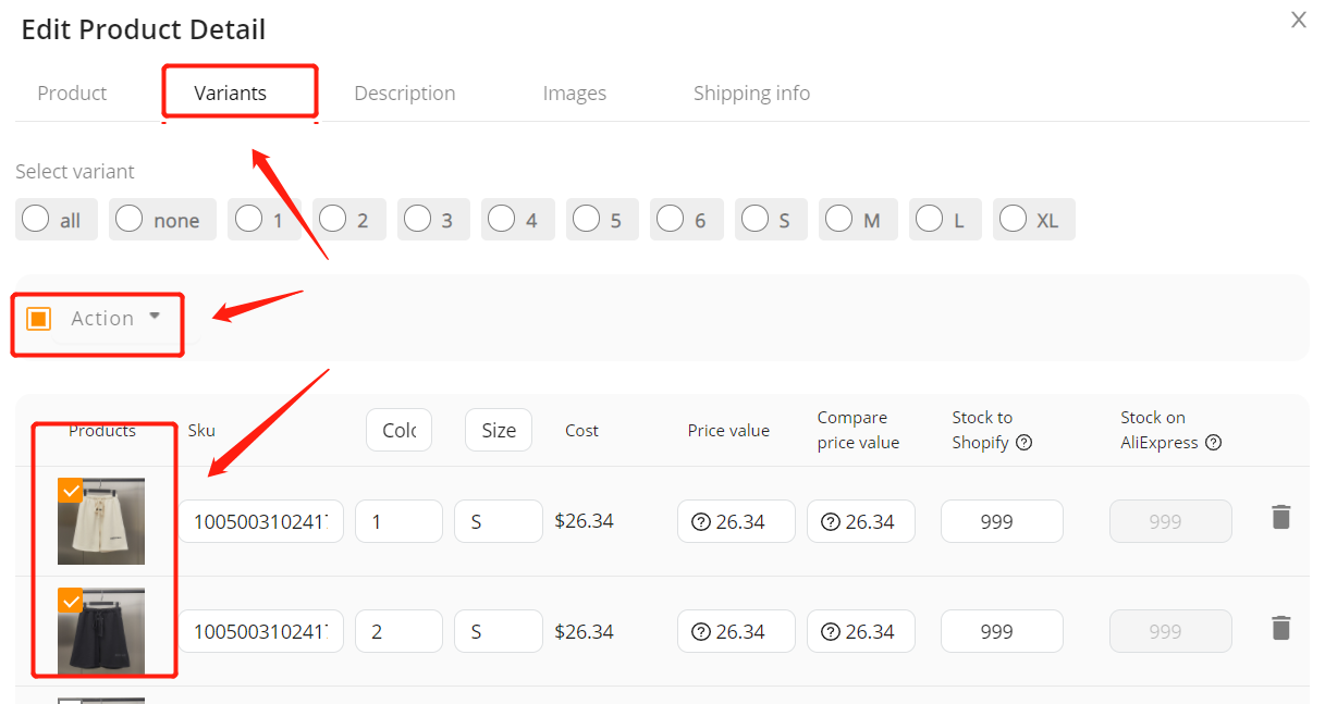 Why I can't push my product from DSers to Shopify - Select some variants - Shopify DSers