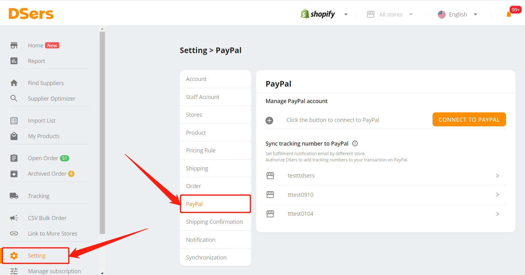 Adding Tracking Number to PayPal - DSers - Setting - Tracking - DSers