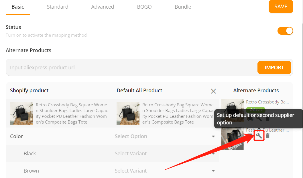 Change supplier of a product - Click on the grey tool icon - DSers