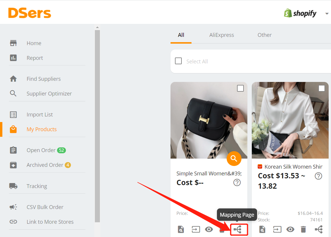 Connect AliExpress suppliers to your products - Mapping page - Shopify DSers