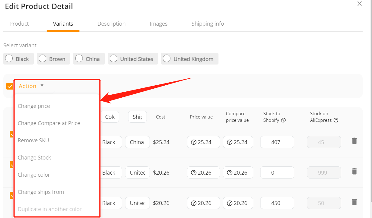 How to Edit a Product on DSers - Action drop-down menu - DSers