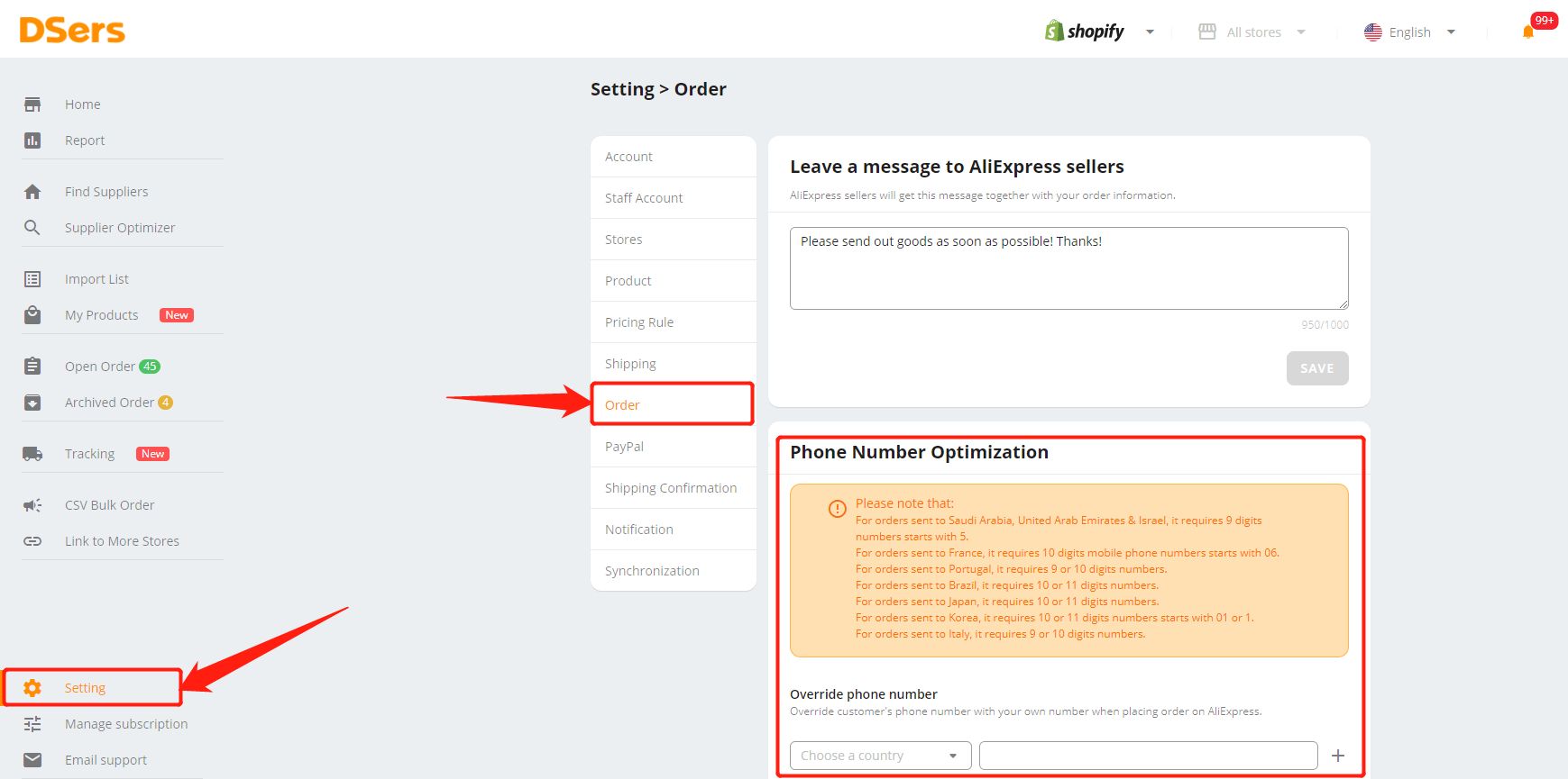 Orders to Brazil specifications - Override phone number feature - Shopify DSers