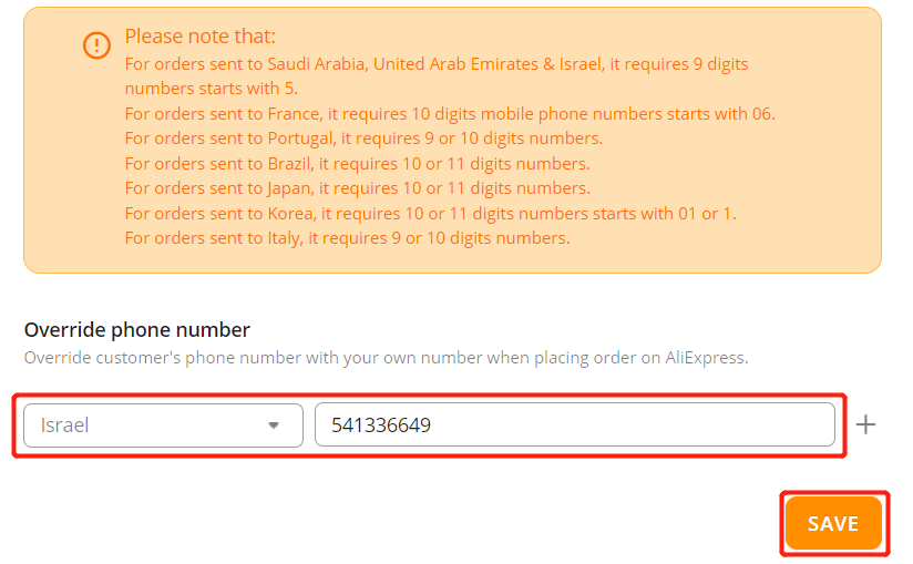 Orders to Israel specifications - enter phone number - Shopify DSers
