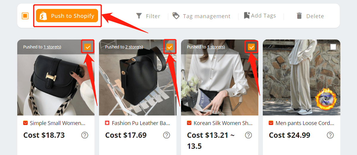 Push a product to your Shopify store - select the products and click on Push to Shopify - Shopify DSers