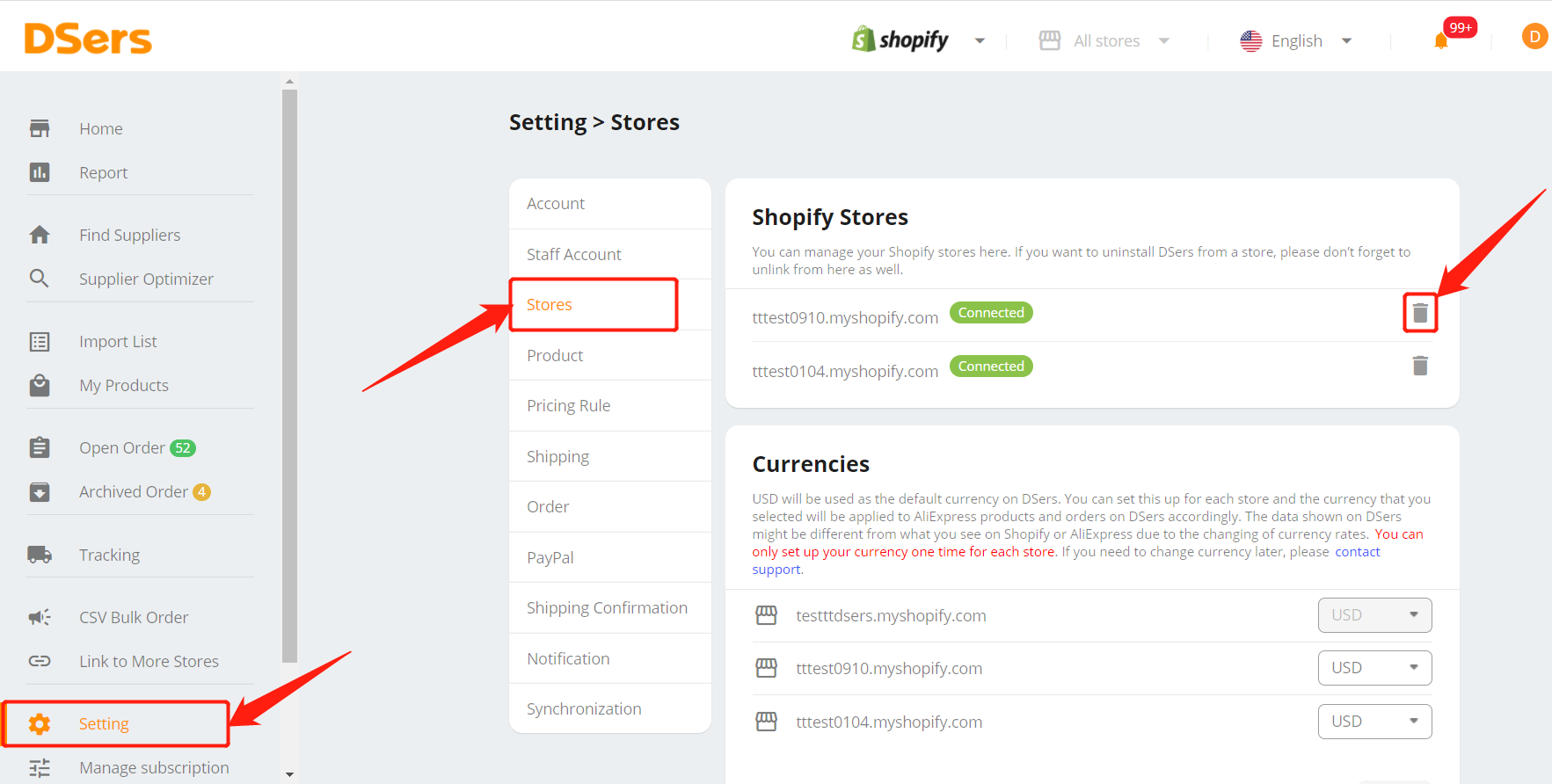 Remove a Shopify Store - Go Setting - Store - Trash icon - DSers