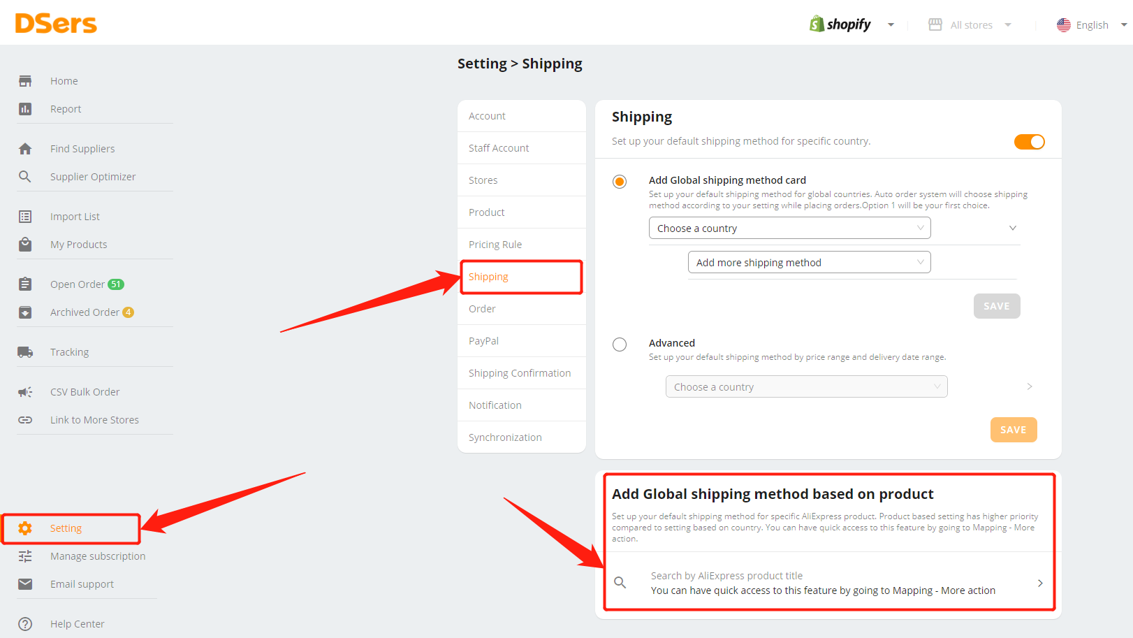Set shipping method for specific product - Add Global shipping method based on product - DSers
