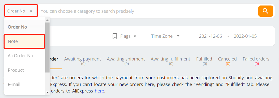 What is the note on the order for - choose Note in the dropdown list - Shopify DSers