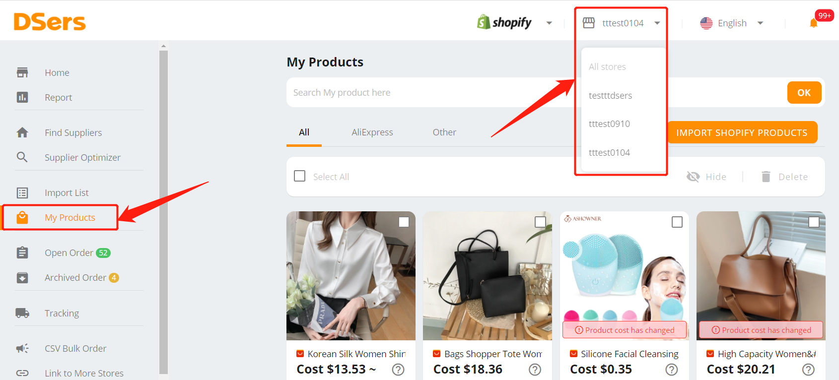 Why I see "All Stores", but not my shop name - Select Different Stores - Shopify DSers