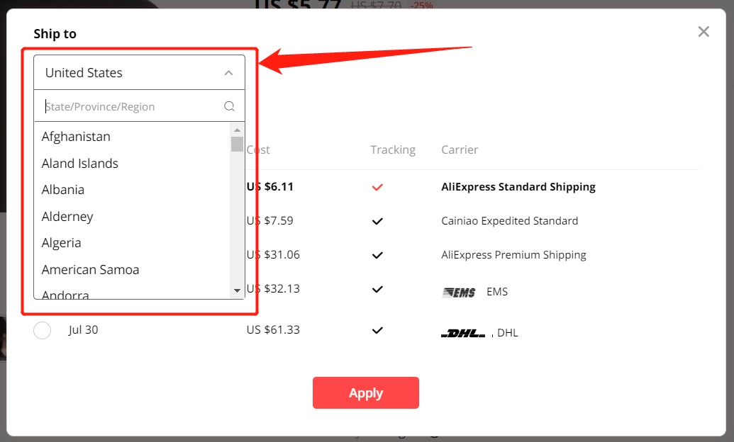Why can’t I select a shipping method - choose a region or country - Shopify DSers